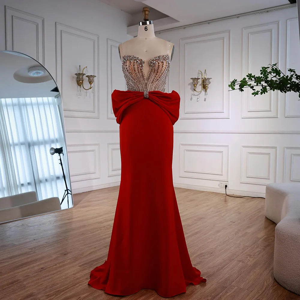 Designer Red Satin Evening Dress with Bow LA73060 - SERENE HILL
