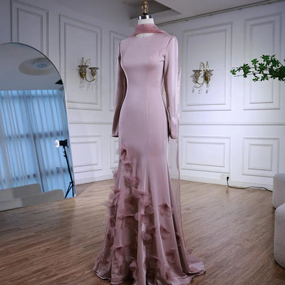Luxury Pink 3D Flower Evening Dress Long Sleeves LA72954 - SERENE HILL