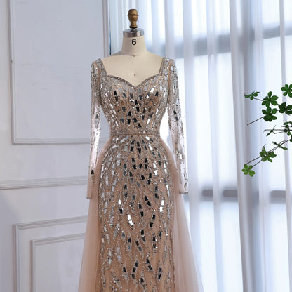Luxury Arabic Nude Long Sleeve Mermaid Evening Dress LA73113A - SERENE HILL