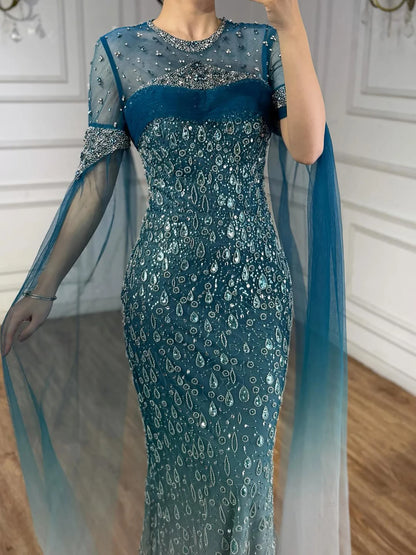 Luxury Arabic Gradient Green Mermaid Evening Dress With Cape LA73414 - SERENE HILL