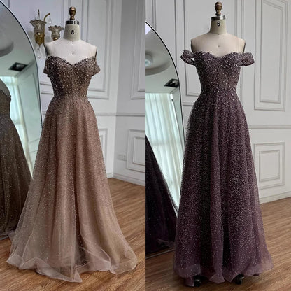 Caramel Off Shoulder A-Line Arabic Evening Dress LA72147B - SERENE HILL
