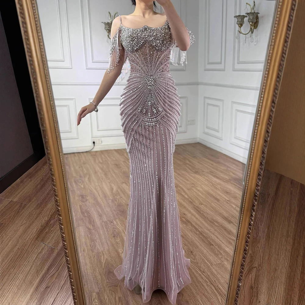 Luxury Sage Green Pearls Beaded Mermaid Evening Dress Off Shoulder LA73148 - SERENE HILL