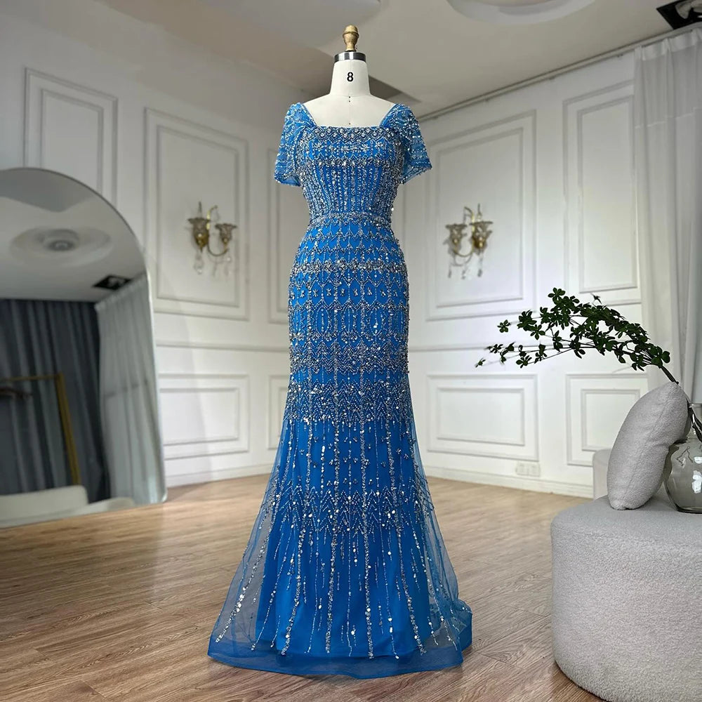 Luxury Dubai White Mermaid Beaded Evening Dress with Cape Sleeves LA72714 - SERENE HILL