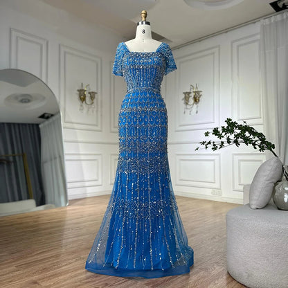 Luxury Dubai White Mermaid Beaded Evening Dress with Cape Sleeves LA72714 - SERENE HILL