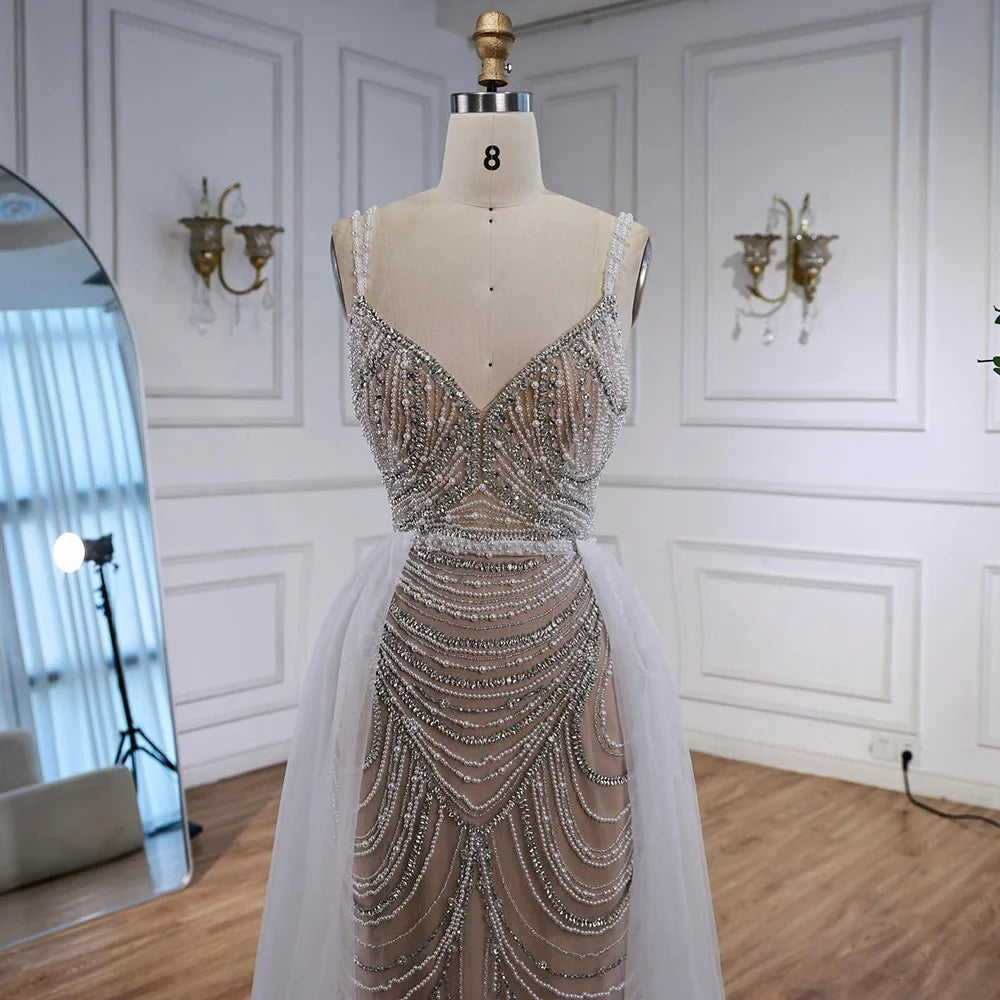 Nude Beaded Arabic Evening Gown with Spaghetti Straps LA72253A - SERENE HILL
