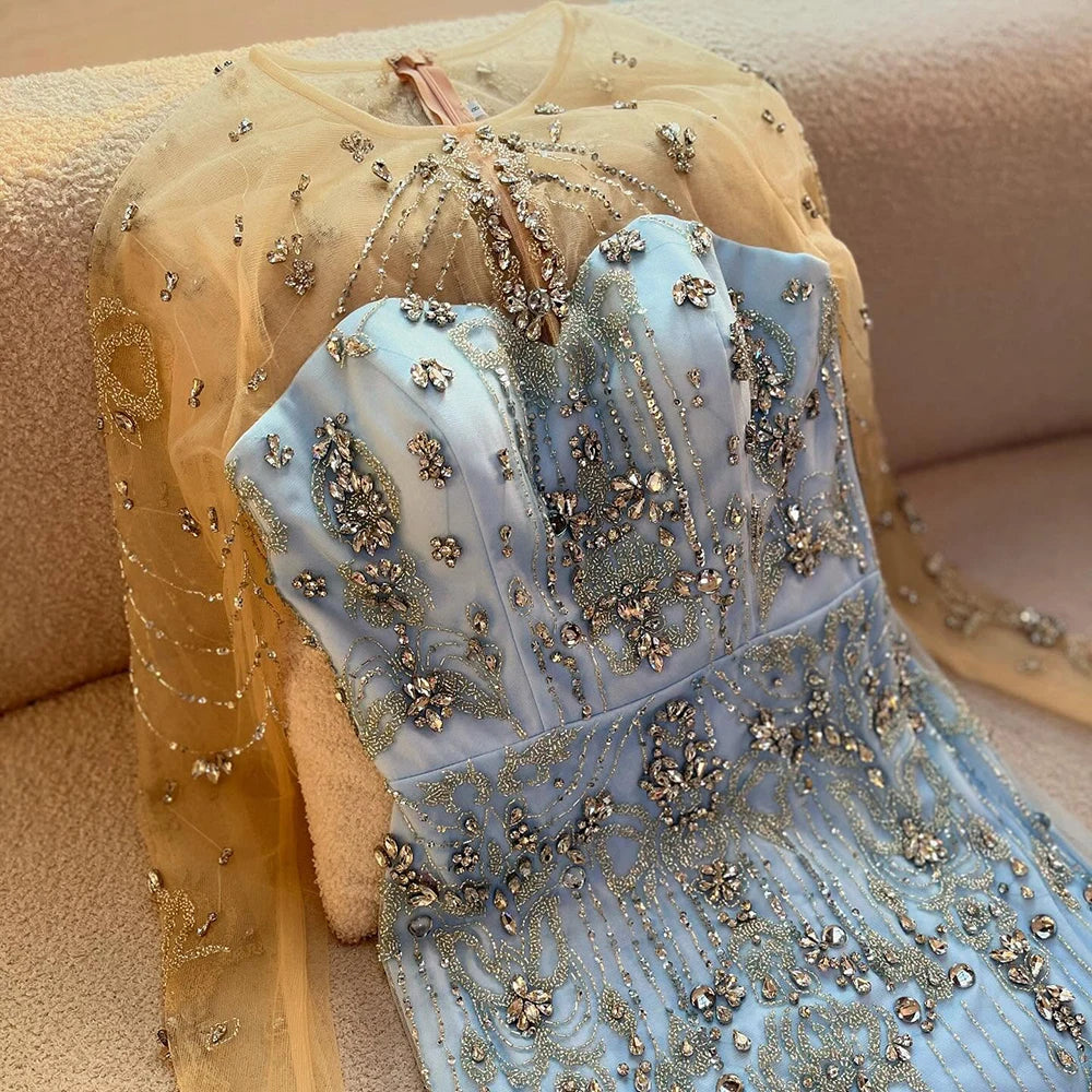 Luxury Dubai Blue Crystal Beaded Evening Dress with Overskirt LA72757 - SERENE HILL