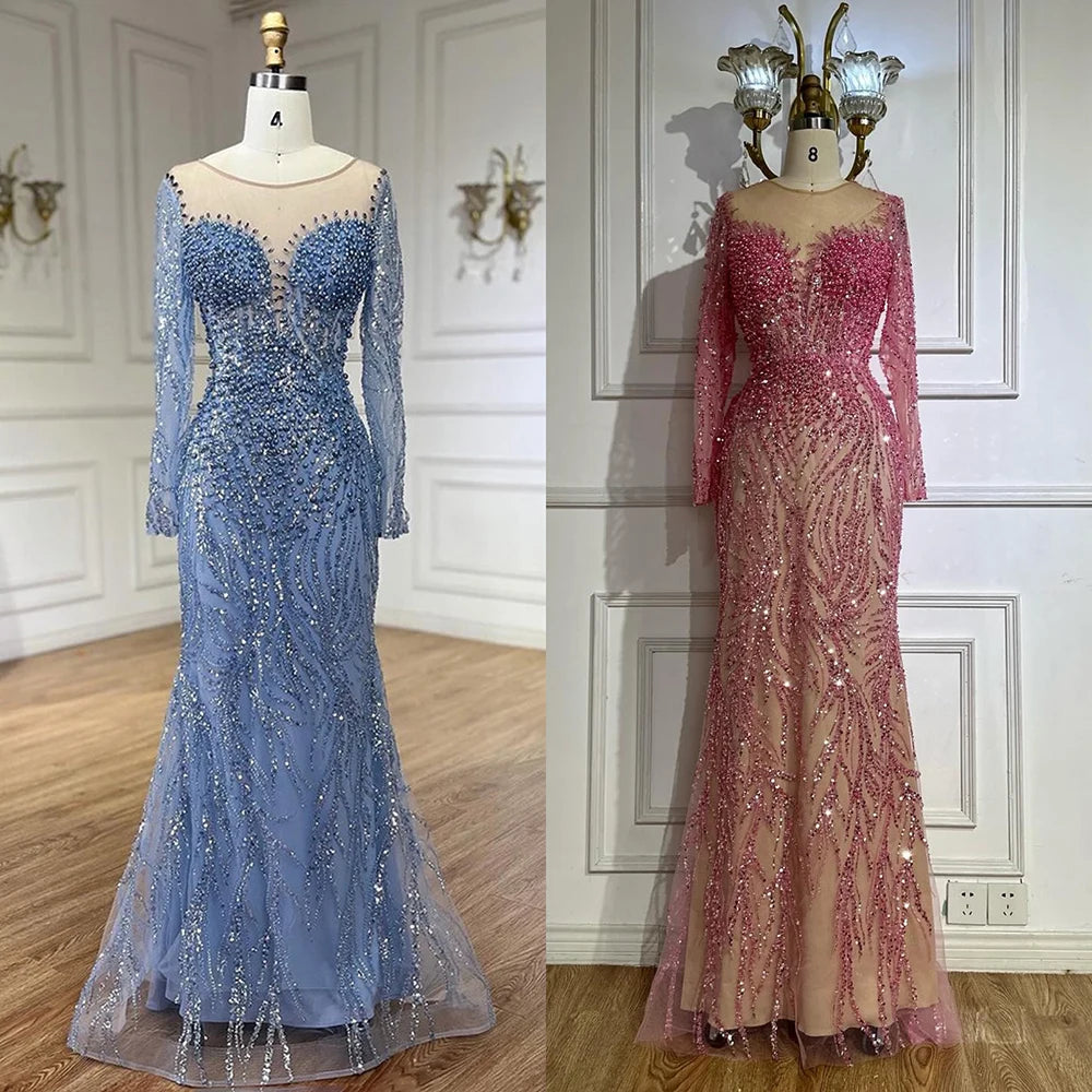 Serene Hill Blue Elegant Mermaid Dubai Arabia Luxury Beaded Pearls Evening Dresses Gowns 2025 For Women Wedding Party LA72264 - SERENE HILL