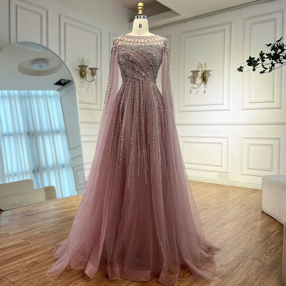 Luxury Caramel Beaded Evening Dress with Cape LA72994 - SERENE HILL