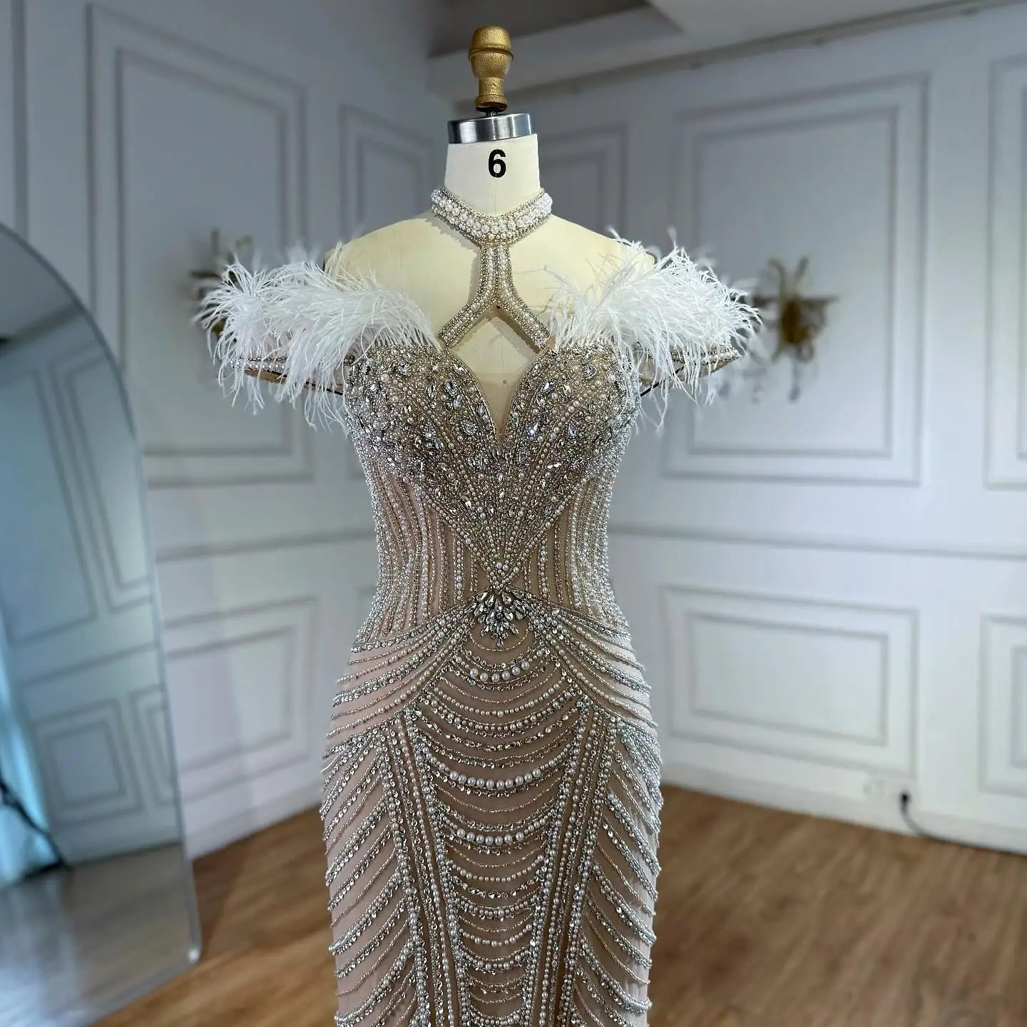 Luxury Pink Feather Halter Beaded Evening Gown for Wedding Party LA73212 - SERENE HILL