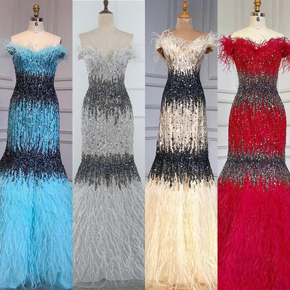 Dubai Pink Sexy Mermaid Evening Dresses Design Luxury Crystal Feathers Sleeveless Formal Gowns 2025 Serene Hill LA70242 - SERENE HILL