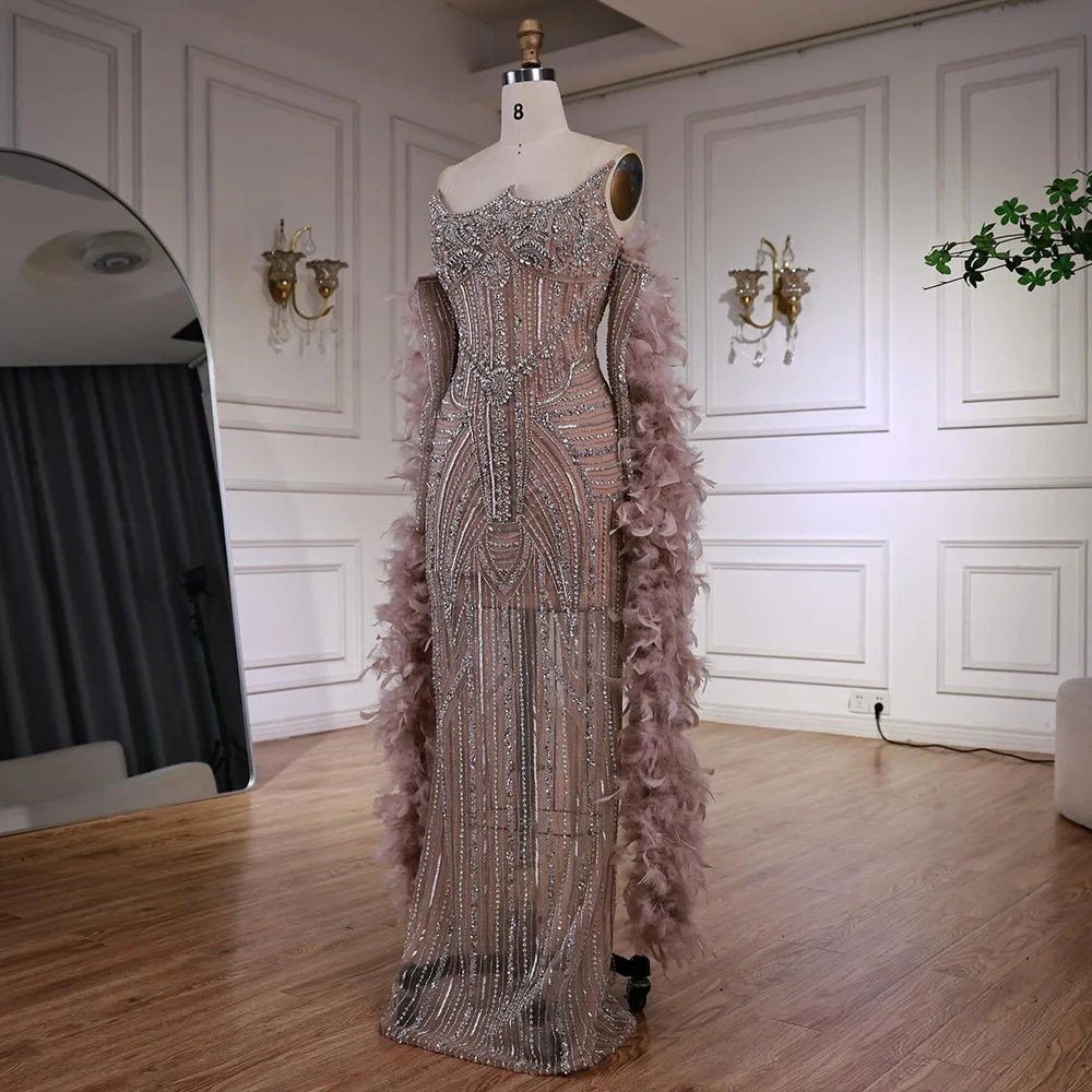 Luxury Caramel Beaded Evening Dress with Feather Sleeves LA73055 - SERENE HILL