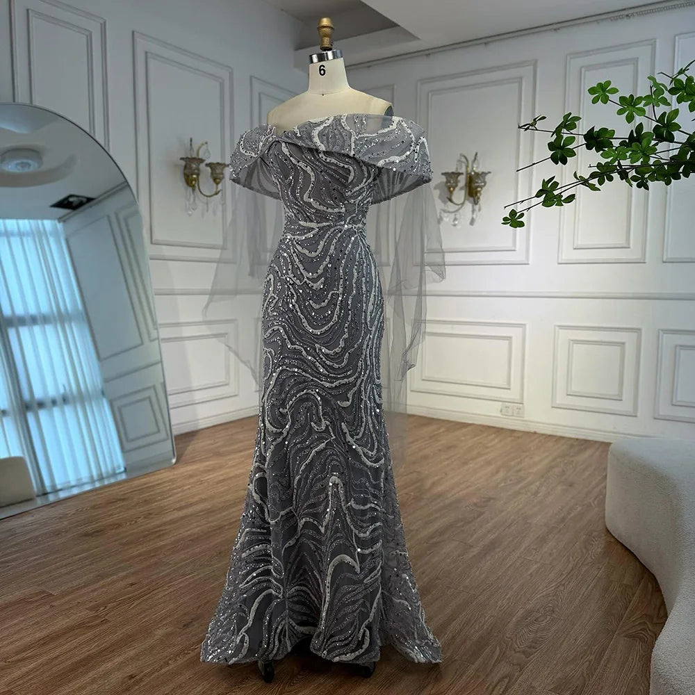 Luxury Gray Sequin Evening Dress with Cape Sleeves LA73125B - SERENE HILL