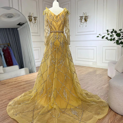Serene Hill Muslim Gold Mermaid With Overskirt Beaded Luxury Dubai Evening Dresses Gowns 2025 For Women Wedding Party LA72211 - SERENE HILL