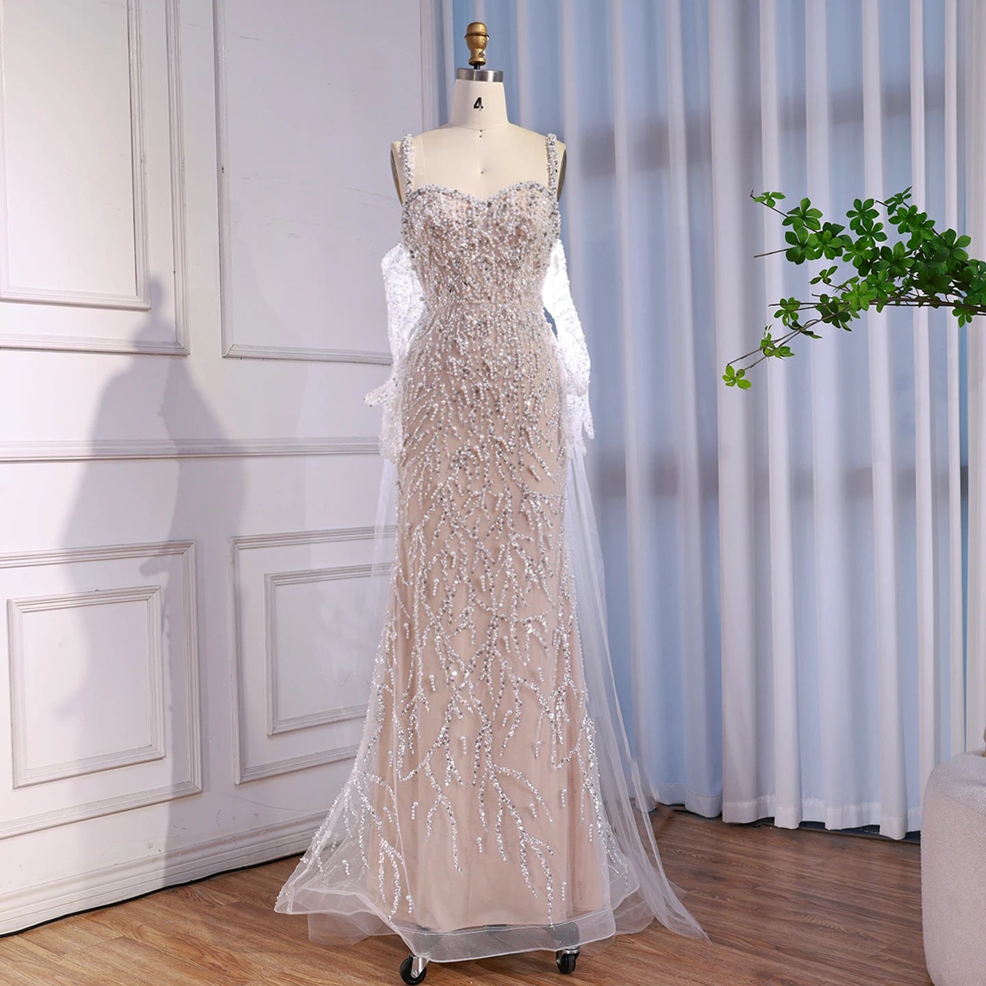 Luxury Lace Pearls Mermaid Evening Dress With Glove White Nude LA72345E - SERENE HILL