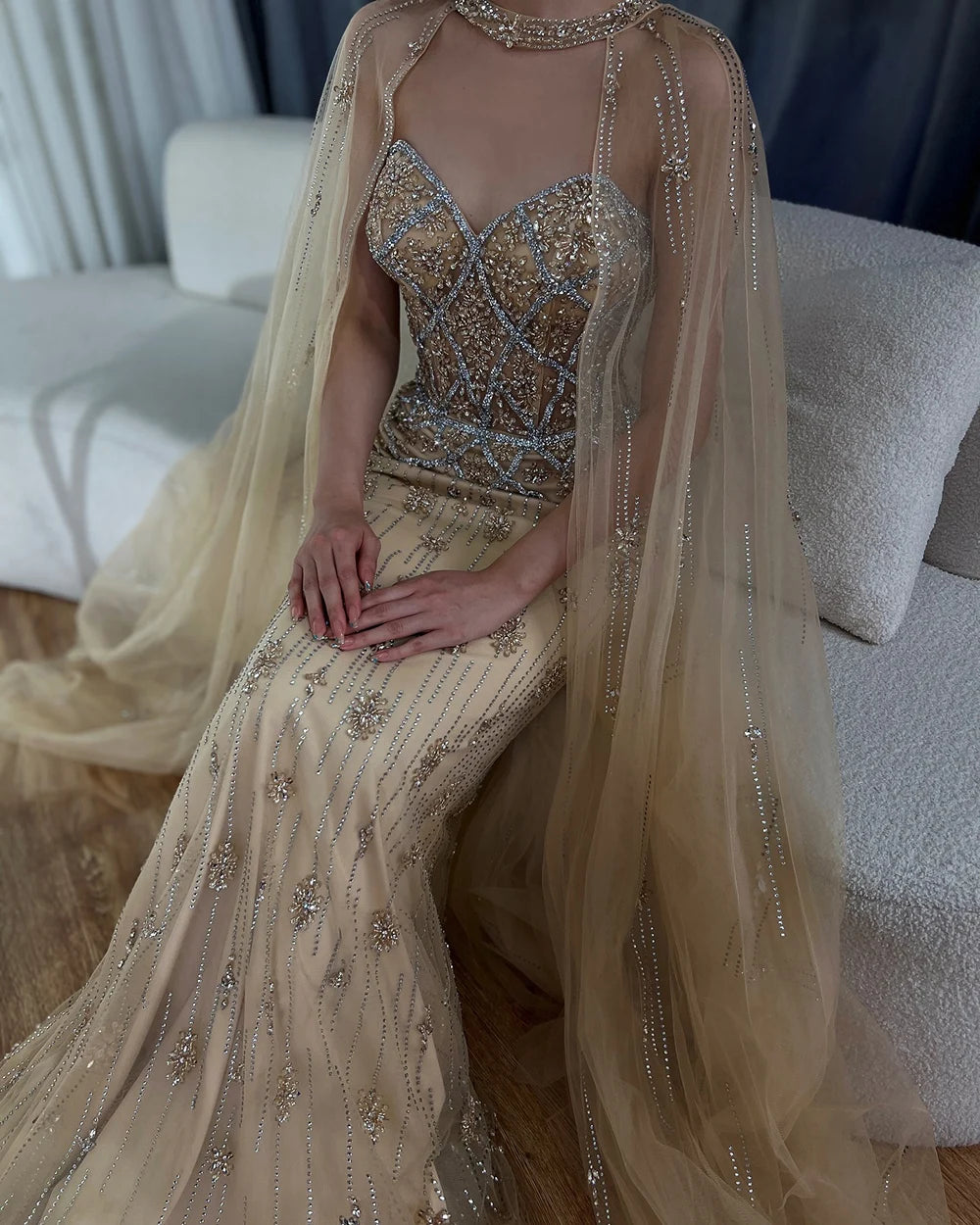 Luxury Dubai Nude Saudi Evening Gown Mermaid Detachable Cape Sleeves Luxury Beaded Dress for Formal Occasion LA72716 - SERENE HILL
