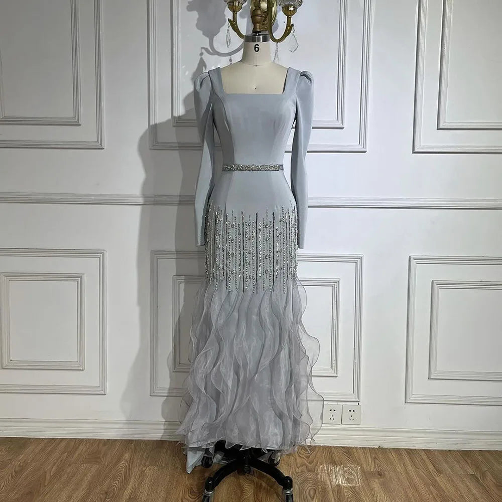 Serene Hill Arabic Gray Mermaid Elegant Ankle Length Beaded Satin Luxury Evening Dresses Gowns For Women Party 2025 LA72317 - SERENE HILL