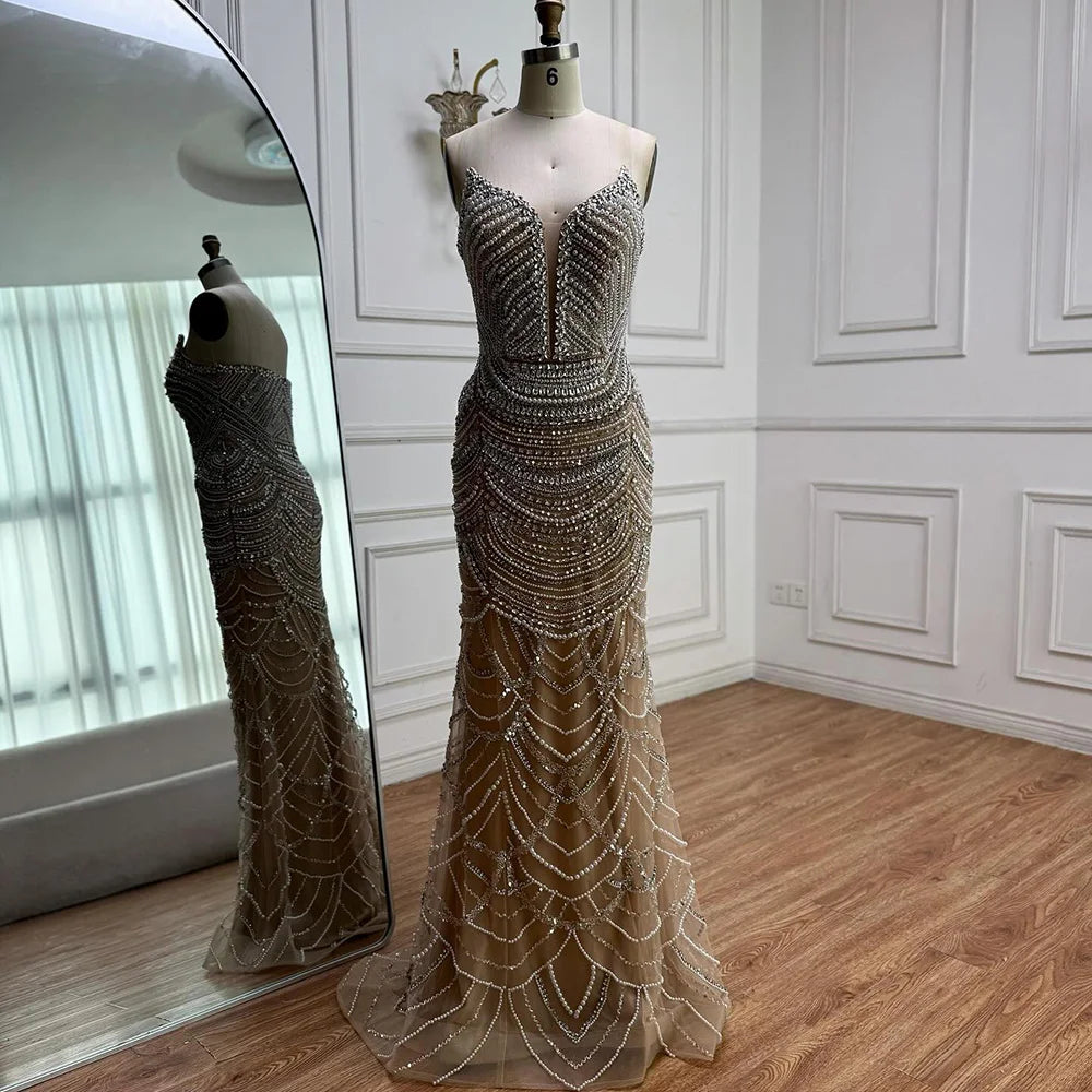 Luxury Nude Silver Beaded Evening Gown with Crystals LA72900 - SERENE HILL