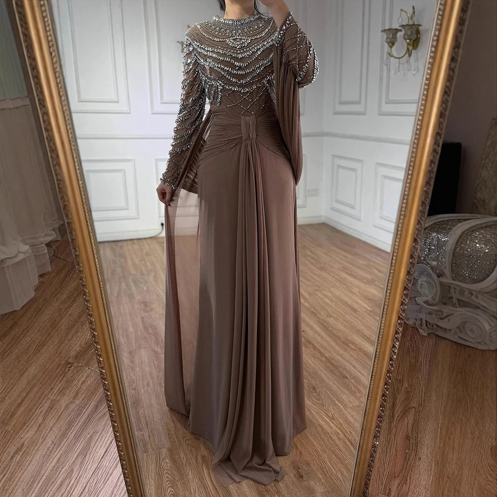 Luxury Designer Modest Brown Stretch Material Mermaid Evening Dress LA72993 - SERENE HILL