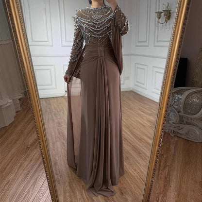 Luxury Designer Modest Brown Stretch Material Mermaid Evening Dress LA72993 - SERENE HILL
