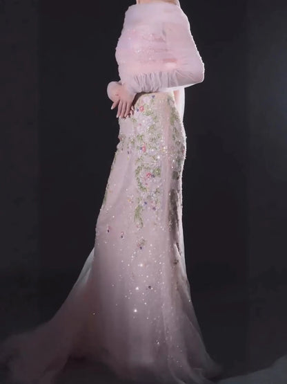 Luxury Pink Beaded Mermaid Evening Dress with Sheer Cape LA73346 - SERENE HILL