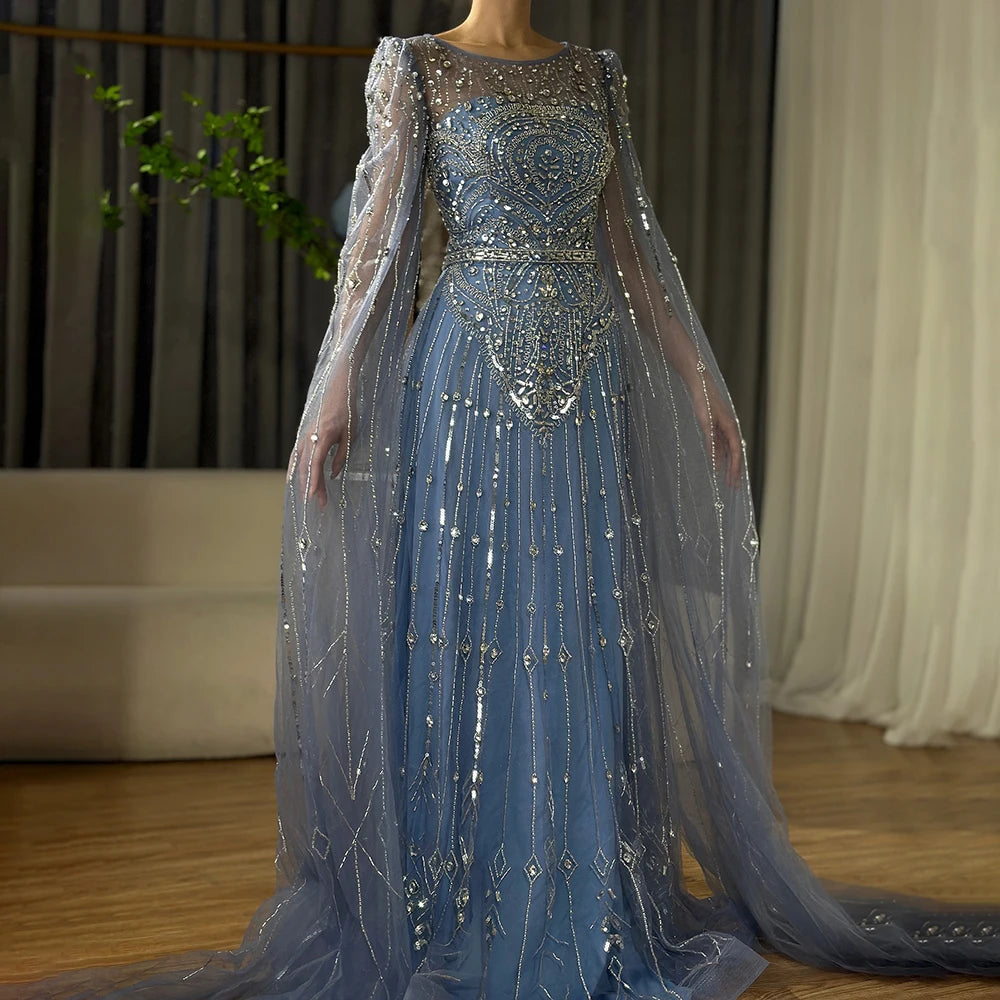 Luxury Designer Blue Beaded Stone Arabic Evening Dress With Cape Sleeve LA72635 - SERENE HILL