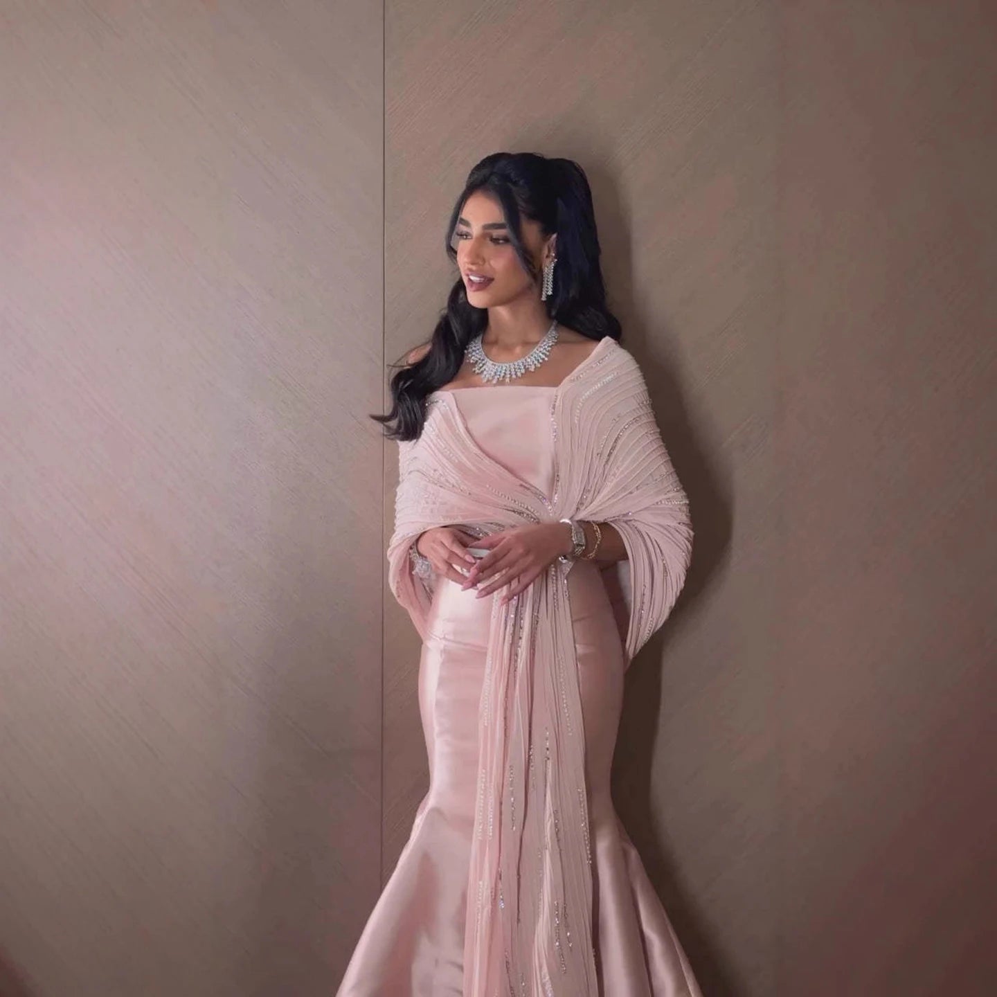 Luxury Dubai Grey Peach Arabic Evening Gown with Ruffles Shawl LA73270 - SERENE HILL
