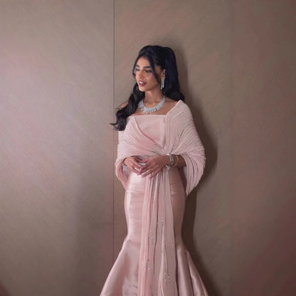 Luxury Dubai Grey Peach Arabic Evening Gown with Ruffles Shawl LA73270 - SERENE HILL
