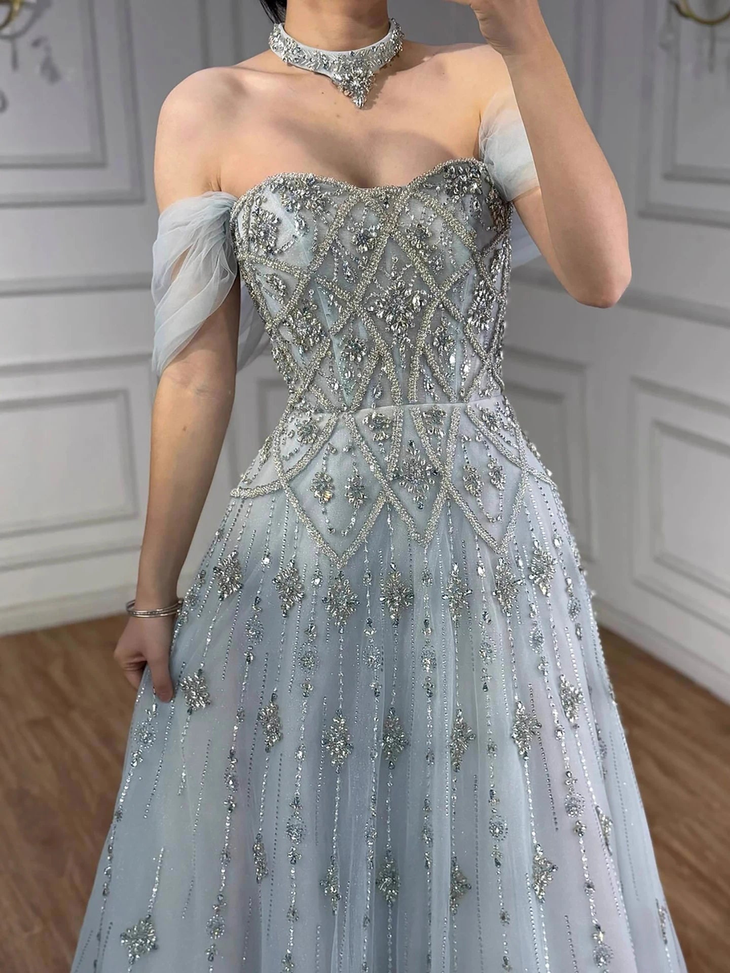 Luxury Gray Blue A-Line Dreamy Beaded Evening Dress With Necklace LA73397 - SERENE HILL