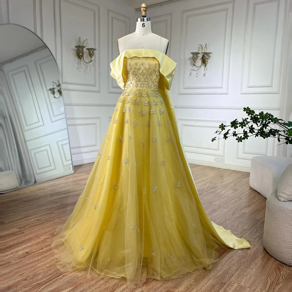 Serene Hill Luxury Dubai Arabic Yellow Elegant Boat Neck Long Evening Dress Beaded Party Gown for Women&
