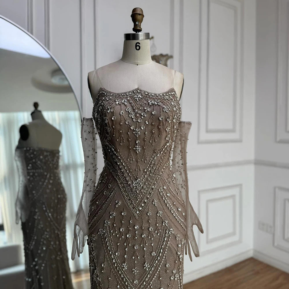 Luxury Caramel Crystal Beaded Mermaid Evening Gown with Gloves LA73186 - SERENE HILL