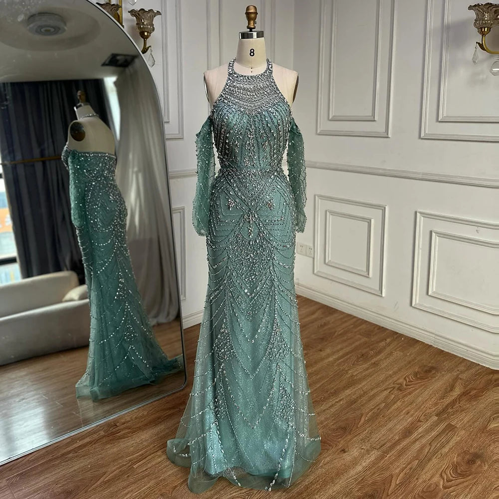 Luxury Turquoise Mermaid Evening Dress Detachable Sleeves LA72925 - SERENE HILL