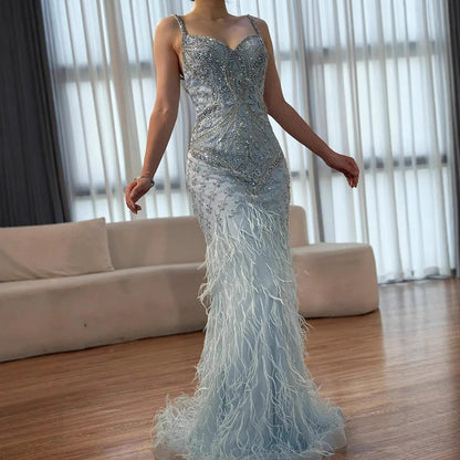 Luxury Blue Spaghetti Strap Feather Beaded Evening Dress LA72527 - SERENE HILL