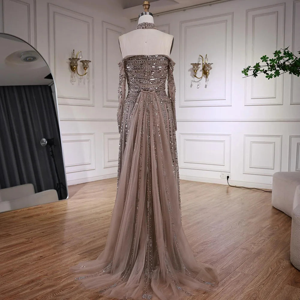 Luxury Caramel Off Shoulder Beaded Mermaid Evening Dress Long Sleeves LA73053 - SERENE HILL