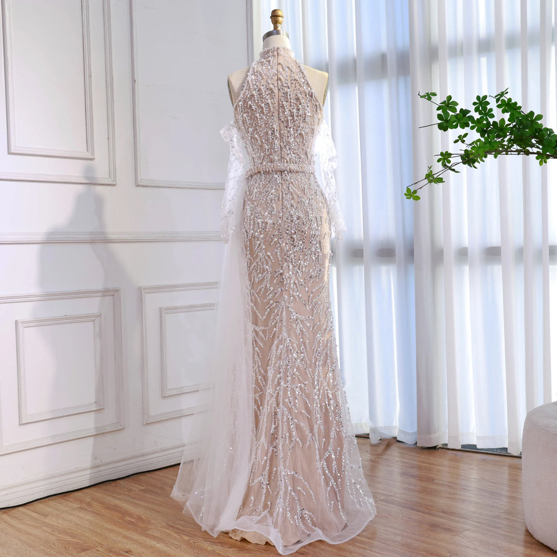 Luxury Lace Pearls Halter Mermaid Evening Dress with Glove White Nude LA72345F Nude / 10