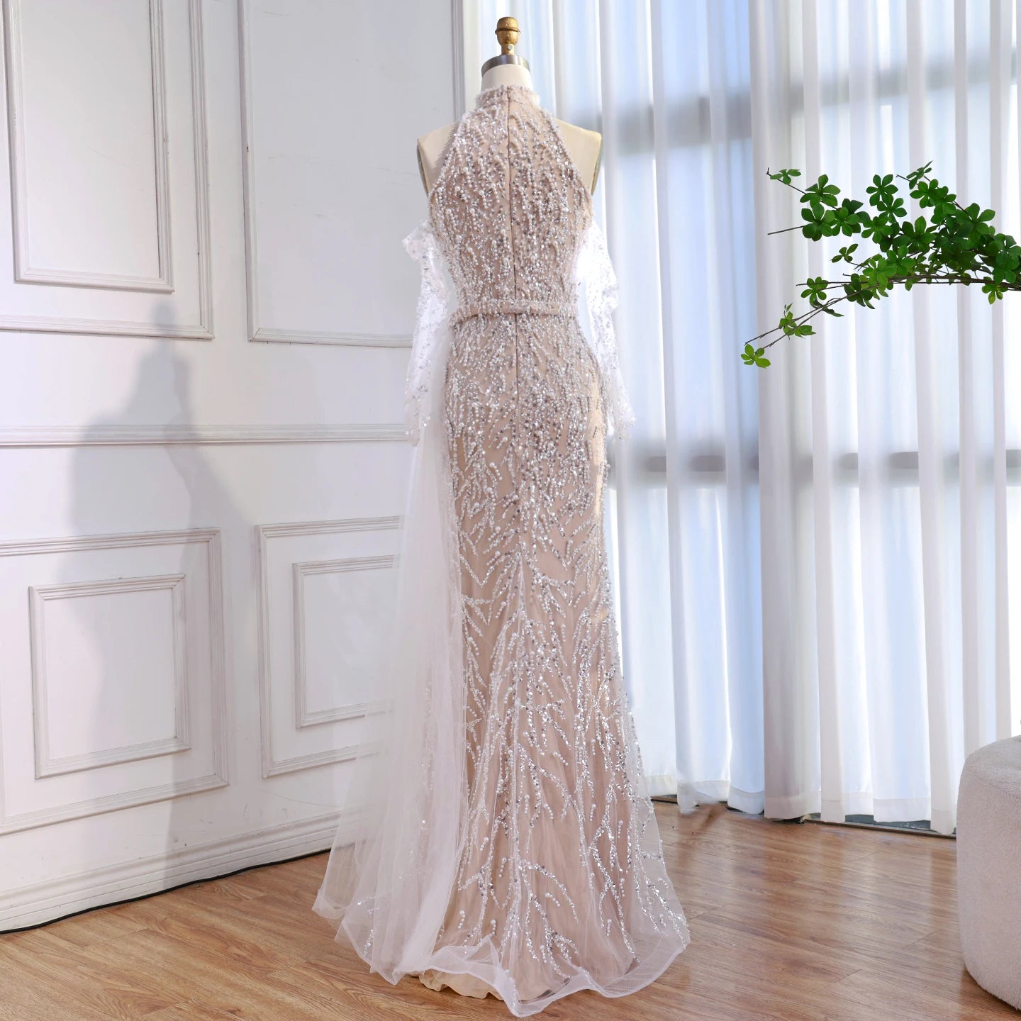 Luxury Lace Pearls Halter Mermaid Evening Dress With Glove White Nude LA72345F - SERENE HILL