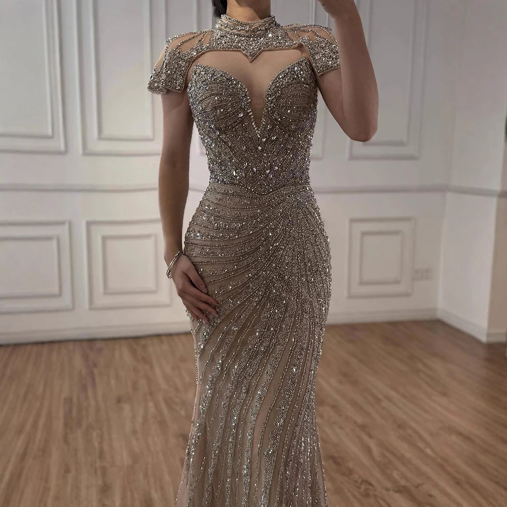 Nude Mermaid Evening Dress with Detachable Beaded High Neck LA73087 - SERENE HILL