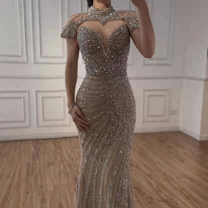 Nude Mermaid Evening Dress with Detachable Beaded High Neck LA73087 - SERENE HILL