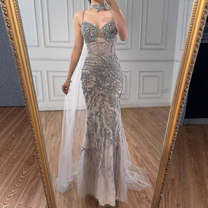 Luxury Evening Dress Grey Beaded With Cape Prom Gown LA73342 - SERENE HILL