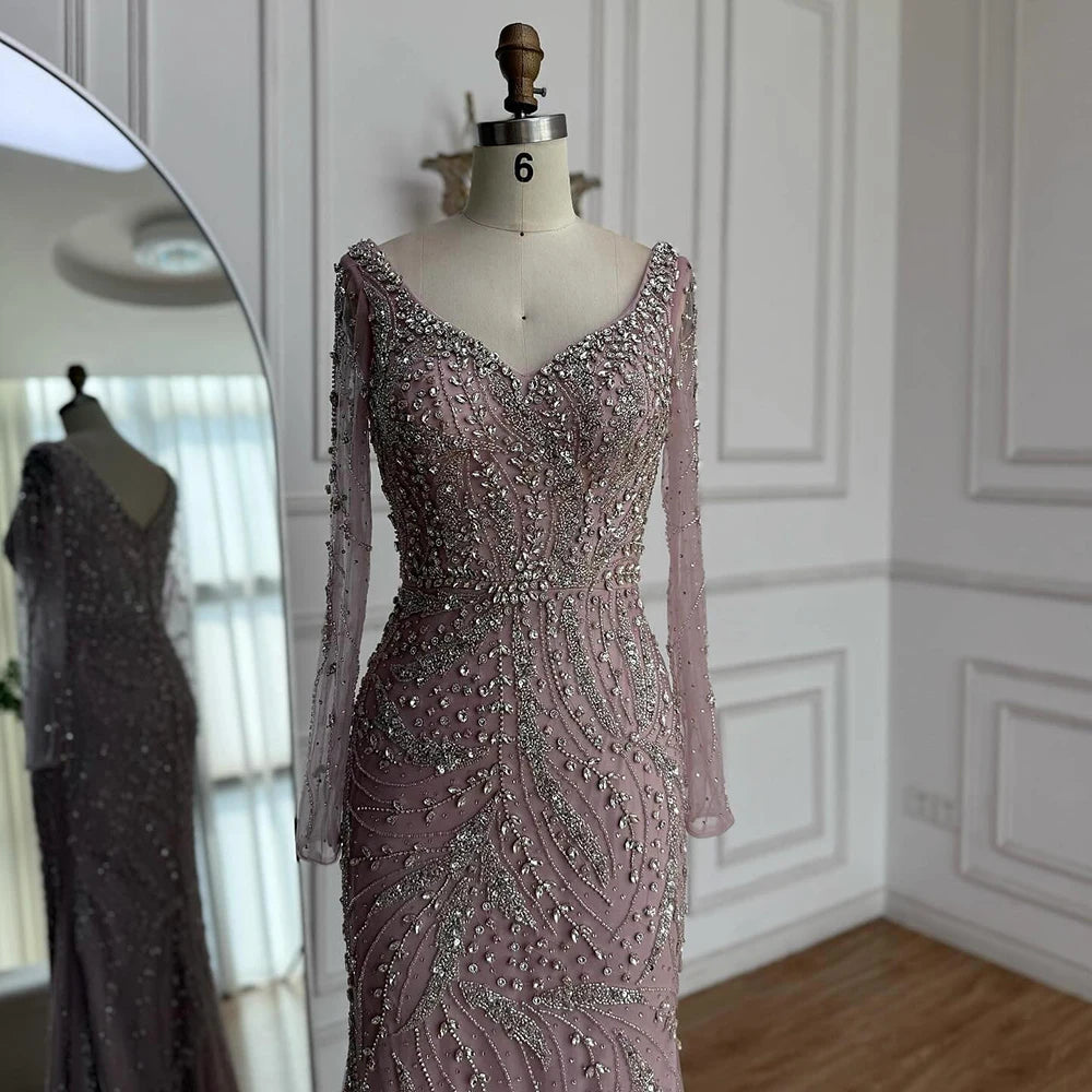 Luxury Muslim Nude Arabic Mermaid Beaded Evening Dress LA73191 - SERENE HILL