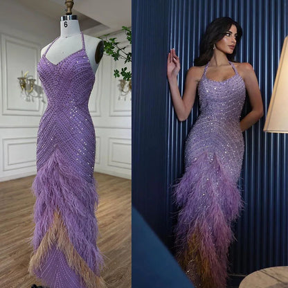 Lilac Feather Halter Mermaid Luxury Dubai Evening Dress LA72056 - SERENE HILL