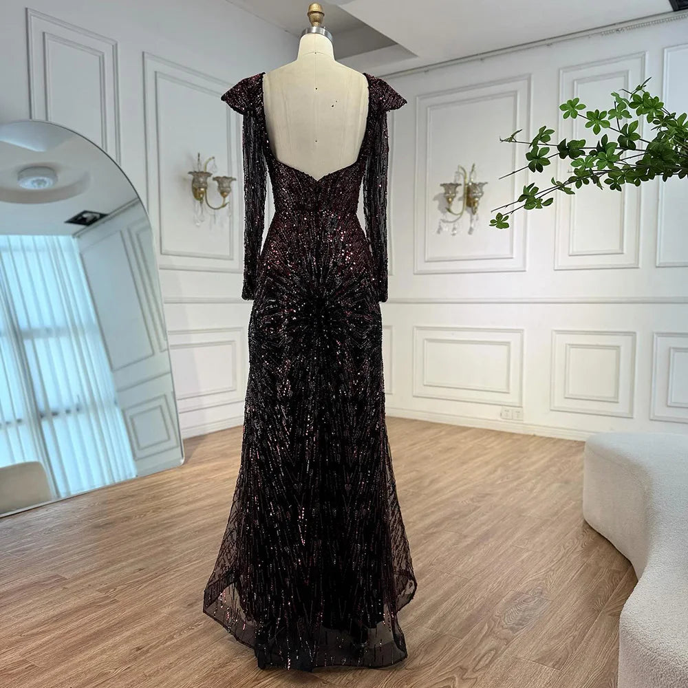 Luxury Wine Red Sequined Long Sleeve Evening Dress LA73126 Wine Red / 8