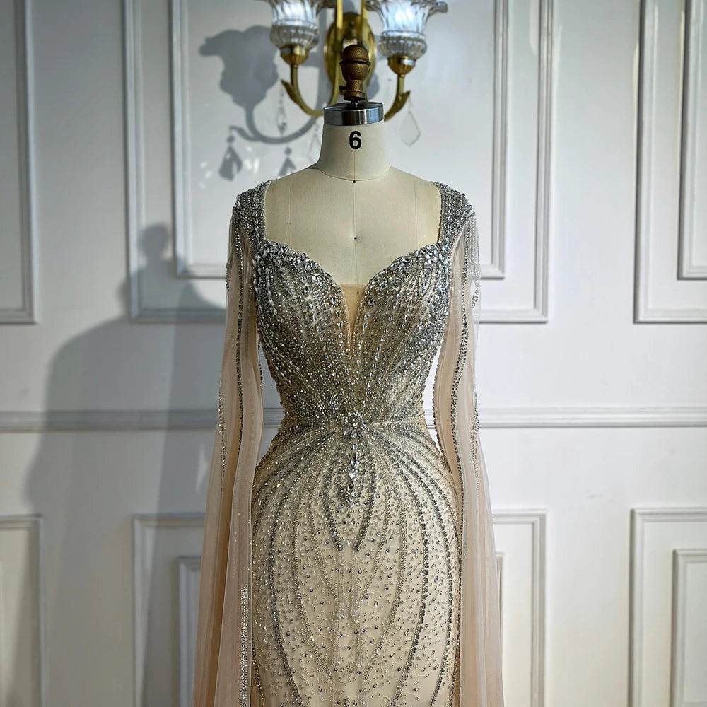 Luxury Designer Beige Beaded Evening Dress with Cape Sleeves LA72992 - SERENE HILL