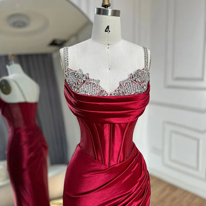 Luxury Dubai Saudi Arabic Spaghetti Strap Wine Red Satin Evening Dress with High Slit for Formal Occasion LA72776 - SERENE HILL