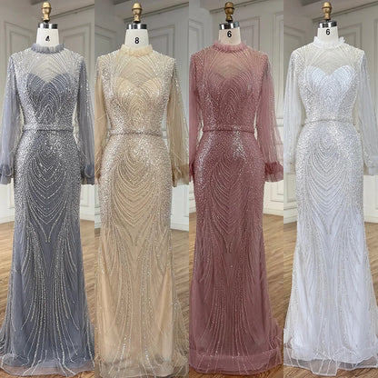 Modest Gray High Neck Mermaid Evening Dress with Long Sleeves LA71690A - SERENE HILL