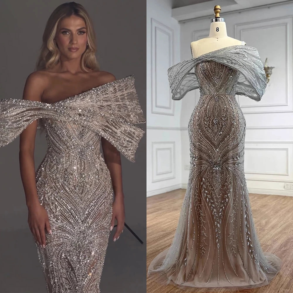 Luxury Silver Nude Off Shoulder Mermaid Evening Dress LA72878 - SERENE HILL