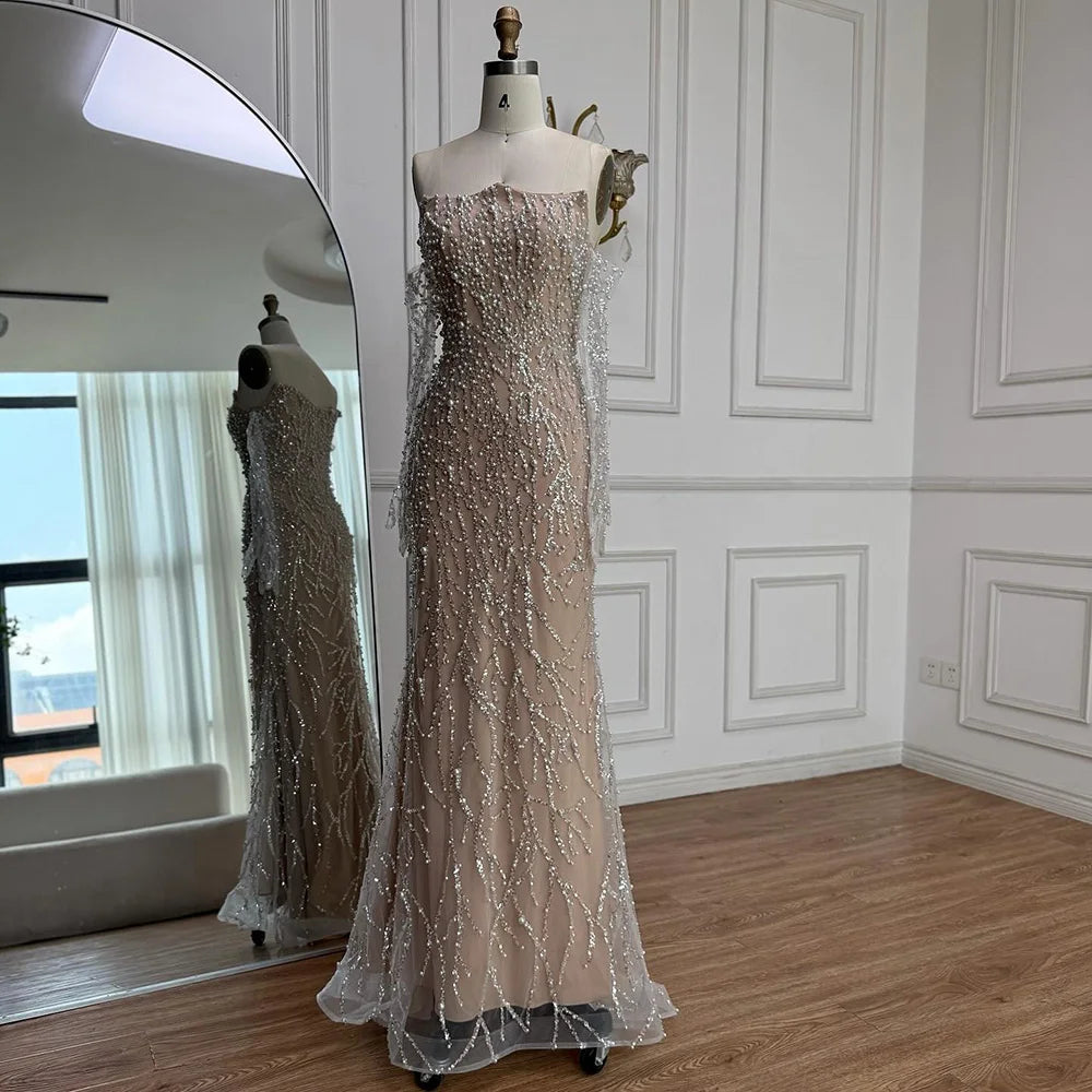Luxury Nude Pearl Beaded Mermaid Evening Gown with Gloves LA72345C - SERENE HILL