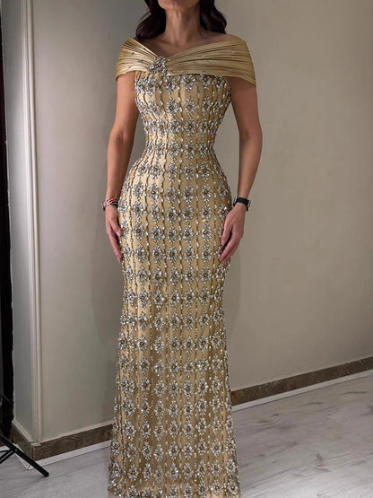 Luxury Gold Arabic Ruffles Evening Dress LA73362 - SERENE HILL
