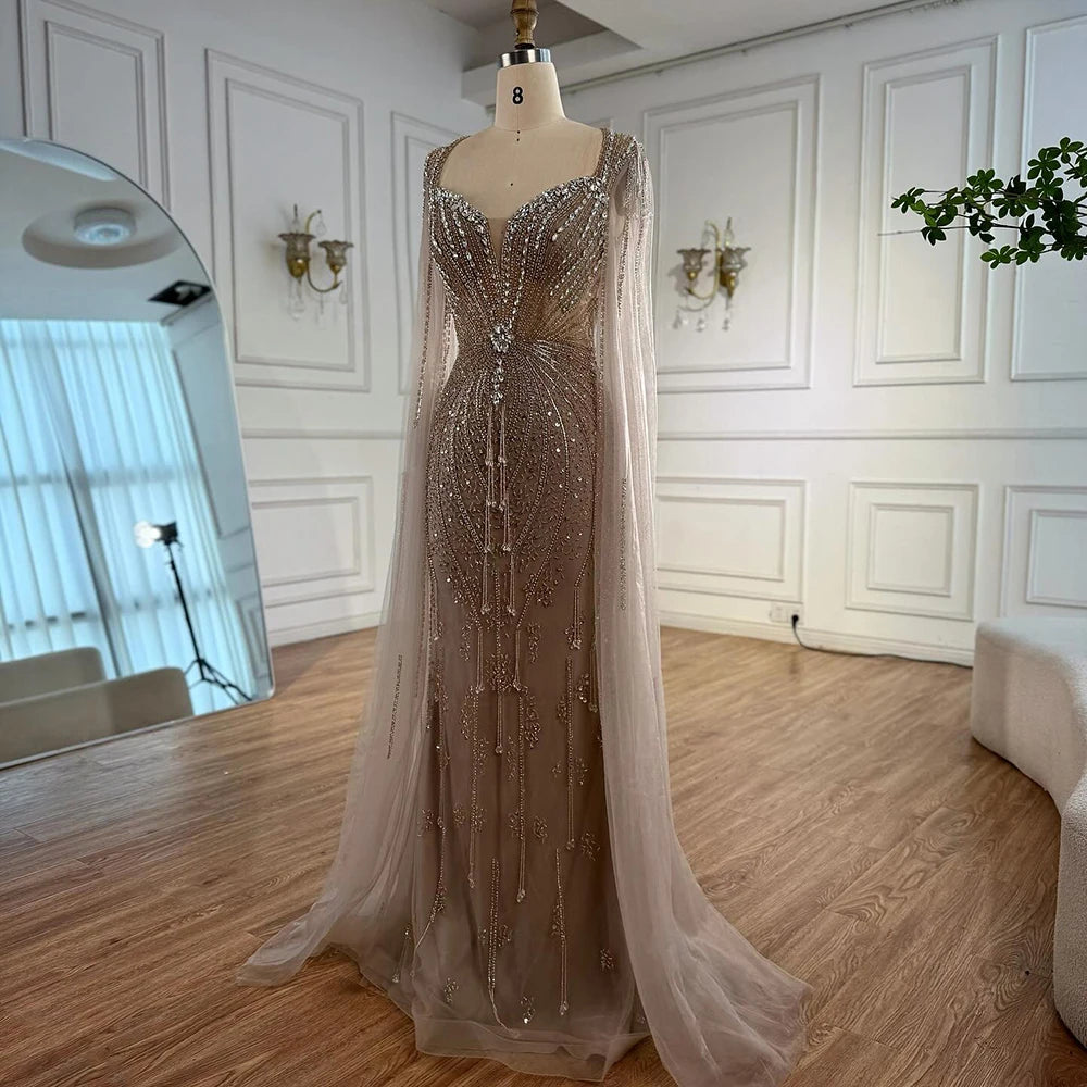 Luxury Designer Beige Beaded Evening Dress with Cape Sleeves LA72992 –  SERENE HILL