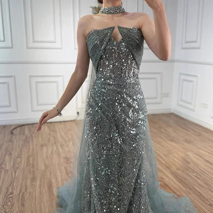 Luxury Gray Beaded Evening Dress with Long Cape LA73159 - SERENE HILL