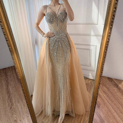 Luxury Nude Spaghetti Strap Mermaid Evening Dress with Overskirt Beaded LA73090 - SERENE HILL